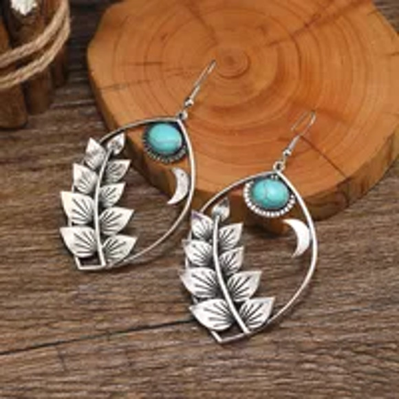 Vintage Style Boho Leaf Inlay Alloy Turquoise Silver Plated Ear Hook - Picture 2 of 4